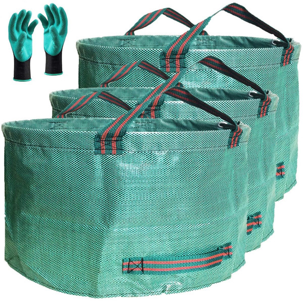 Professional 3-Pack 63 Gallon Yard Lawn Garden Bags Large (D31, H19 inches) Yard Waste Bags with Gardening Gloves, Standable Leaf Bag,Yard Debris Bag,Garden Trash Bag,Grass Clippings Bags w/ 4 Handles
