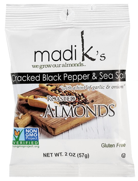 Cracked Black Pepper & Sea Salt Almonds with a hint of garlic and onions, 2oz Bags (Pack of 36) Cracked Black Pepper & Sea Salt Almonds with a hint of garlic and onions, 2oz Bags (Pack of 36)