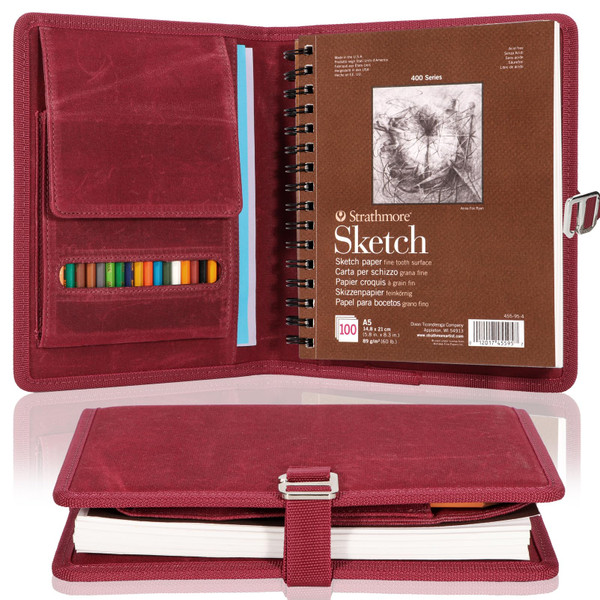 Plinyvel Travel Sketchbook Cover 5.5"x8.5" with Pencil Holder - Waxed Canvas Art Storage Case & Artist Padfolio Organizer Kit (Red)
