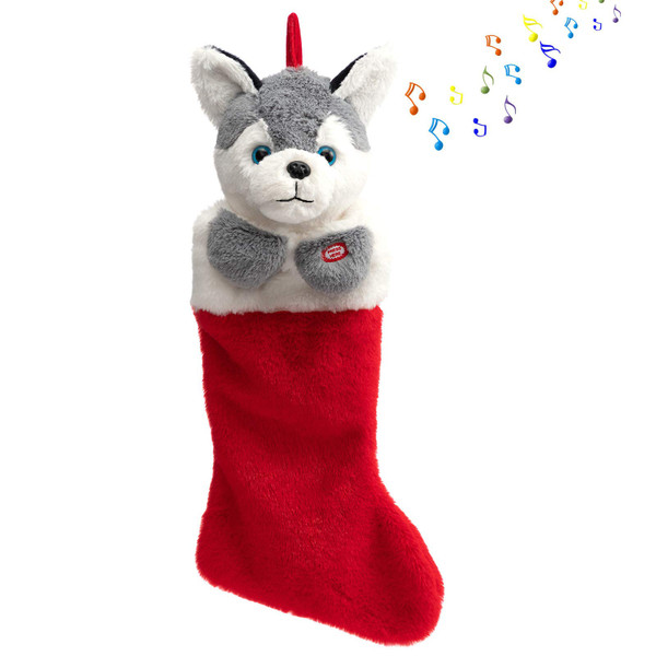 HollyHOME Christmas Stockings Animated Husky Puppy Plush Head Stockings with Music and Flapping Ears Hanging Xmas Decoration Gift Socks Ornament 19 Inch