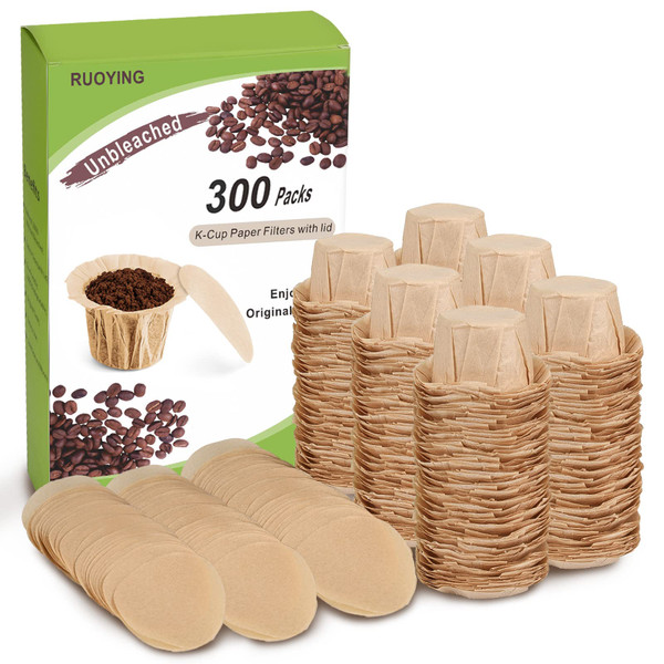 Unbleached K cup Coffee Paper Filters with Lid Disposable for Reusable K Cup Filters, Disposable Keurig Filters Unbleached, Fits All Keurig Single Serve Filter Brands (300 pack)