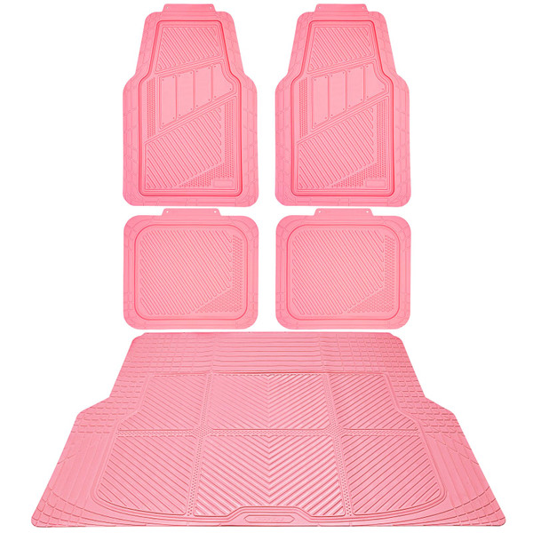 CAR PASS Heavy Duty Rubber Floor Mats Pink Car Mats Full Set with Trunk Cargo Liner - Universal Waterproof Floor Mats for Car SUV Truck, Durable All Weather Liner Mats Automotive Women (All Pink)