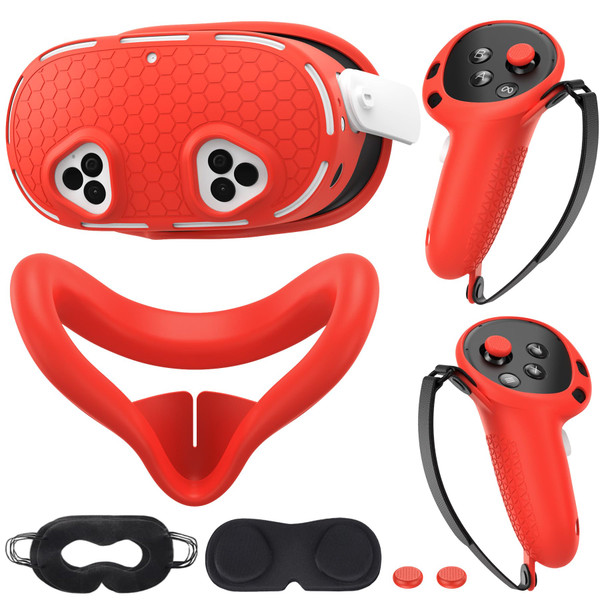 Silicone Cover Set Compatible with Meta/Oculus Quest 3s Accessories, VR Silicone Face Cover, VR Shell Cover,Touch Controller Grip Case,Camera Lens Protector Set (Red)
