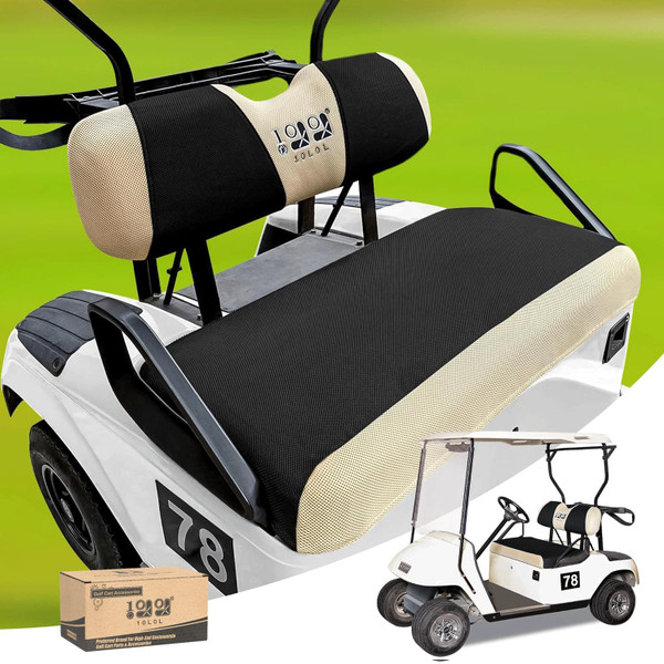 10L0L Golf Cart Seat Covers Kit - Universal Fit for EZGO TXT/RXV Front Seats | Breathable Mesh Fabric | Easy Installation | Black & Beige (No Staples Required)​​
