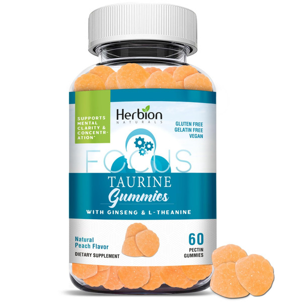 HERBION Naturals Taurine Gummies with Ginseng, L-Theanine, Vitamin C, B3, B6, & B12, Support Mental Clarity & Concentration, Natural Peach Flavor, Gluten-Free, USA Made, 60 Gummies, Pack of 1 HERBION Naturals Taurine Gummies with Ginseng, L-Theanine, Vitamin C, B3, B6, & B12, Support Mental Clarity & Concentration, Natural Peach Flavor, Gluten-Free, USA Made, 60 Gummies, Pack of 1