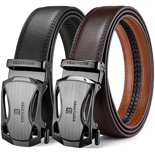 BOSTANTEN Mens Belt Leather 2 Pack Ratchet Belt For Men Dress and Casual with Adjustable Buckle, Trim to Fit