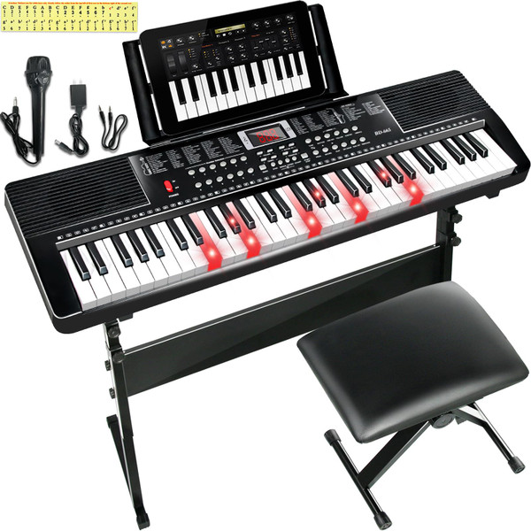 IMGZAR 61 Key Keyboard Piano for Beginners with Lighted Keys & Pro Teaching Modes,Includes Stand, Bench, Microphone, Music Stand,70 Demos, 200 Rhythms/Tones, Gift for Beginners