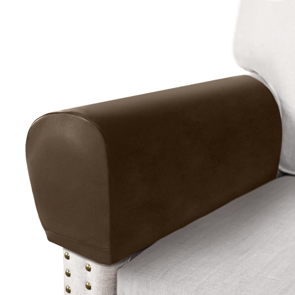 PU Leather Armrest Covers for Sofa Couch Arm Slipcover Set of 2 Stretch Armchair Cover Washable Anti Slip Furniture Protector for Sofas Chairs Recliner Waterproof Spandex Fabric (Medium, Brown)