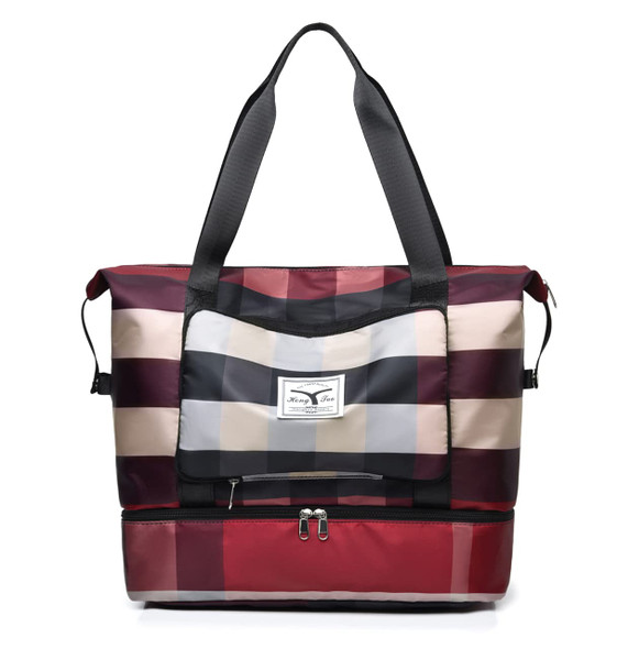 NWLR New Foldable Dry/Wet Separation Travel Duffel Bag with Shoe Compartment Large Capacity Folding Weekender Overnight Bag Lightweight Waterproof Gym Tote Bag (B-Red)