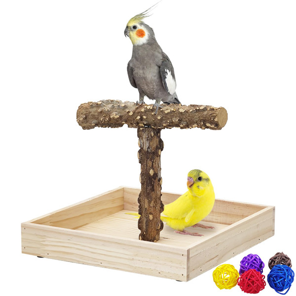 BNOSDM Portable Bird Perch Stand with Potty Tray, Natural Wood Tabletop Training Gym Parrot Playground Toy for Budgies, Cockatiels, Lovebirds,Conures