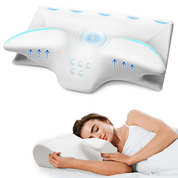 Cervical Pillow for Neck Pain Relief, Cooling Contour Memory Foam Pillows Support Odorless Ergonomic Neck Pillow Adjustable Orthopedic Bed Pillow for Side Back Stomach Sleeper with Pillowcase（White）