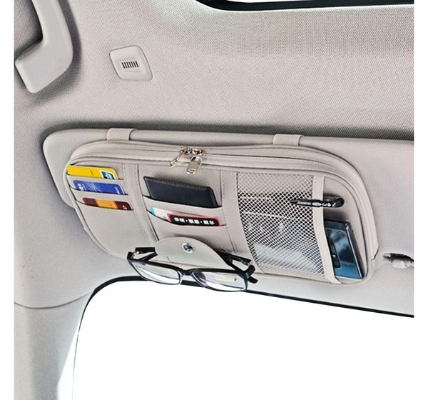 Da by Car Sun Visor Organizer, Multi-Pocket Visor Organizer Storage Pouch for Cars, SUVs & Trucks with Double Zippers, Elastic Bands & Glasses Clip - Organizes Essentials Keep Tidy (Cream Grey)
