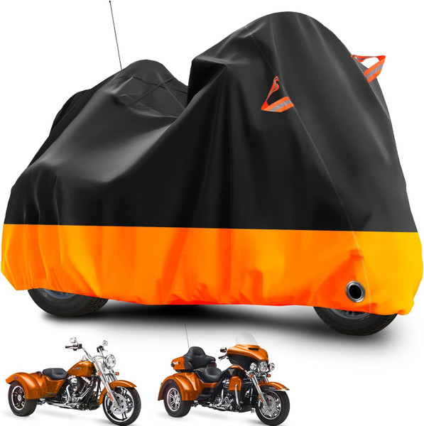 Tokept Trike Motorcycle Cover, Outdoor Waterproof Vehicle Cover with Windproof Buckle Reflective Strip for Harley Davidson, Honda Gold Wing, Kawasaki 3 Wheel Motorcycle Accessories (Black&Orange)