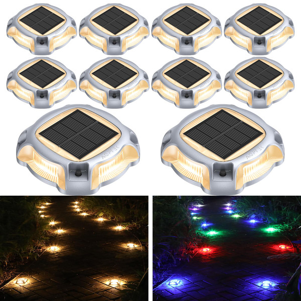 AGPTEK Metal Multi-Colors In 1 Solar Driveway Lights Outdoor 10 Pack, Aluminum RGB Deck Dock Marine LED Solar Powered Waterproof Decorative Marker Security Light for Garden, Yard, Step, Sidewalk, Path
