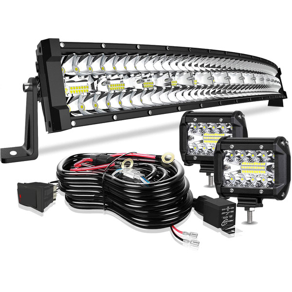 32" LED Light Bar Curved TERRAIN VISION Triple Row 672W Flood Spot Combo Beam Off Road Lights 2pc 4inch 60W Driving Fog Lights with Rocker Switch Harness Wiring for Trucks ATV UTV Jeep Boat Pickup