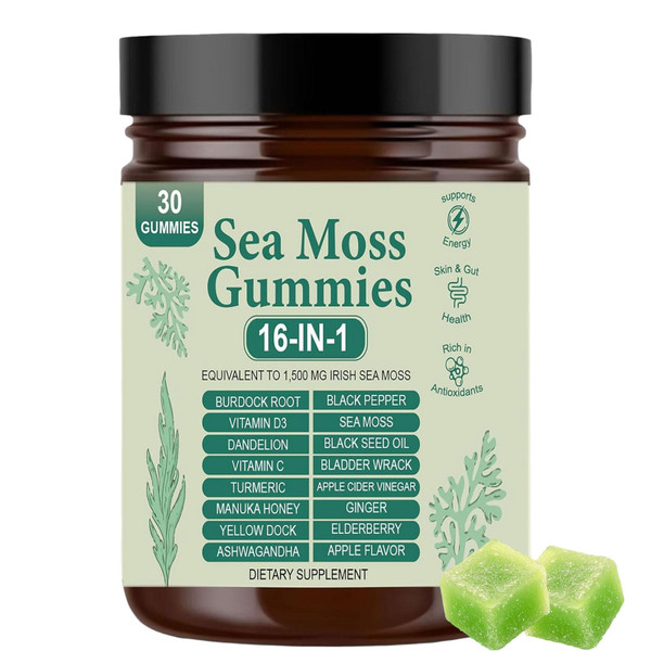 Sea Moss Gummies 16-in-1 | Irish Seamoss Gummies for Women Men with Black Seed Oil & Ashwagandha & Burdock & Bladderwrack | Boosts Immune Support, Skin Health and Digestion | 30 Gummies