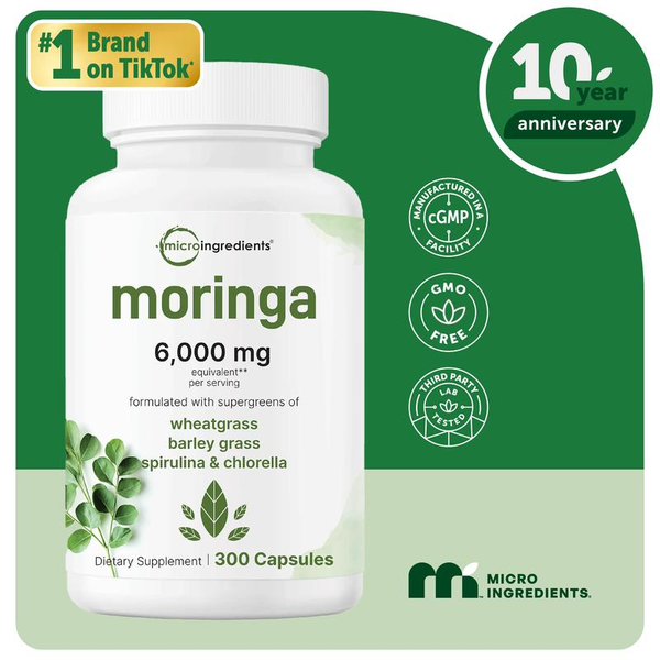 Moringa Oleifera 6,000Mg Equivalent, 300 Capsules with Supergreens Blend of Whea