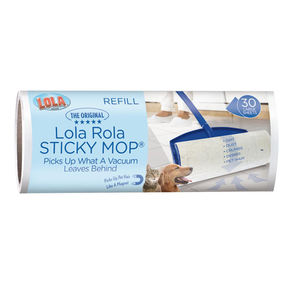 LOLA Rola Sticky Mop Refills, Giant Adhesive Roller, Traps Dirt, Dust & Hair, 30 Sheets, Pet Hair Remover, Floor & Carpet Cleaner, 1 Pack