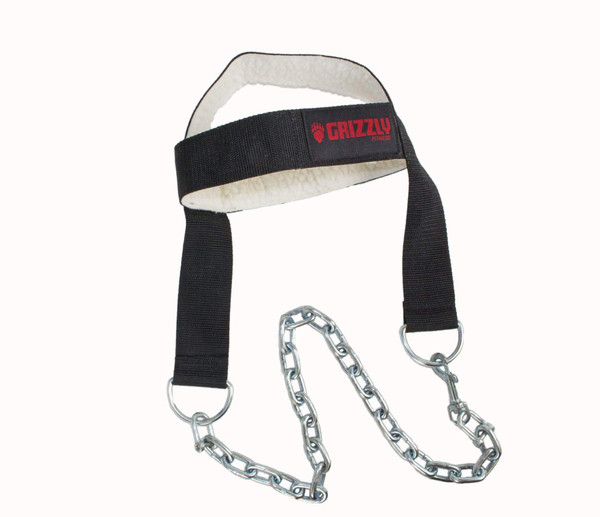 Grizzly Fitness Head Harness for Neck Training | One-Size | Used by Pros | Adjustable Weight Lifting Neck Trainer w/ Steel Chain, D-Ring, & Snap Attachments | Side Strap Swivel for Smooth Motions
