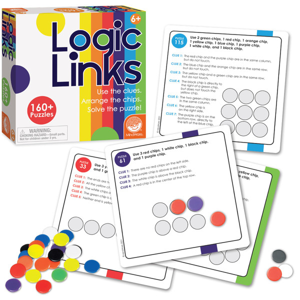 MindWare Logic Links Puzzle Games - Brain Teaser Puzzles for Kids and Brain Games for Adults - 166 Challenging Brain Puzzles, 32 Game Chips - Ages 6+
