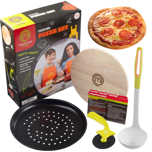 MasterChef Junior Pizza Cooking Set - 5 Pc Kit Includes Real Cookware for Kids w Recipes, Board, Roller - Make Homemade Pizza, Birthday Holiday Gifts