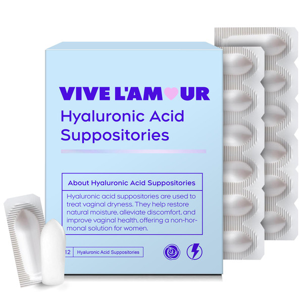 Vive L'Amour 1.5% Hyaluronic Acid Vaginal Suppositories, Vaginal Moisturizer, Continuous Hydration, Relieves Dryness, Restores Natural Softness & Elasticity, Enhances Vaginal Health (12 Inserts)