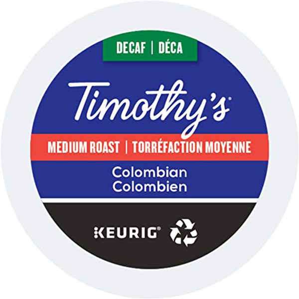 Timothy's, Colombian Decaf , Single-Serve Keurig K-Cup Pods, Medium Roast Coffee, 96 Count (4 Boxes of 24 Pods)