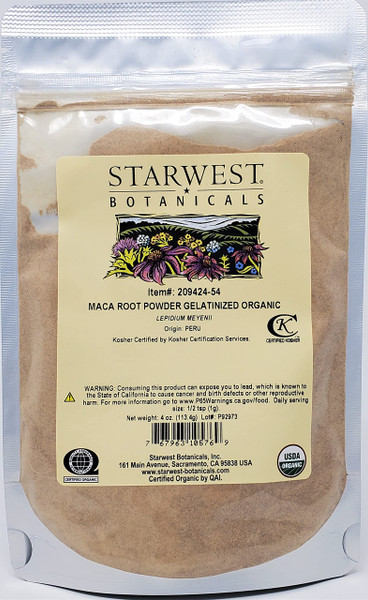 Starwest Botanicals Organic Maca Root Powder (Gelatinized), 4 Ounces