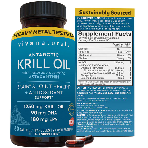 Viva Naturals Antarctic Krill Oil Omega 3 Supplements 1250 mg - DHA EPA Omega-3 & Astaxanthin Concentration for Joint Health, No Fish Burp - 60 Krill Oil Capsules