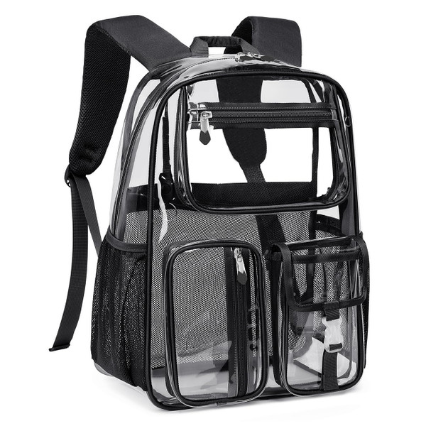 Cusangel Clear Backpack for Girls Women TPU Large 16X11X5 in bookbag Heavy Duty See Through Transparent School Bookbag for Sport Event,Stadium Events&Work Backpacks(16 in-Black)