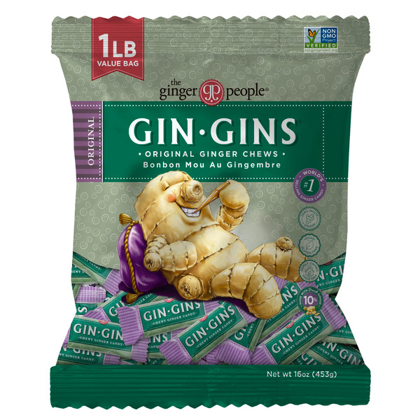 GIN GINS Original Ginger Chews – Natural Fresh Ginger Candy by The Ginger People – Individually Wrapped Healthy Candy – Original Flavor – Large 1 lb Bag (16oz) – Pack of 1