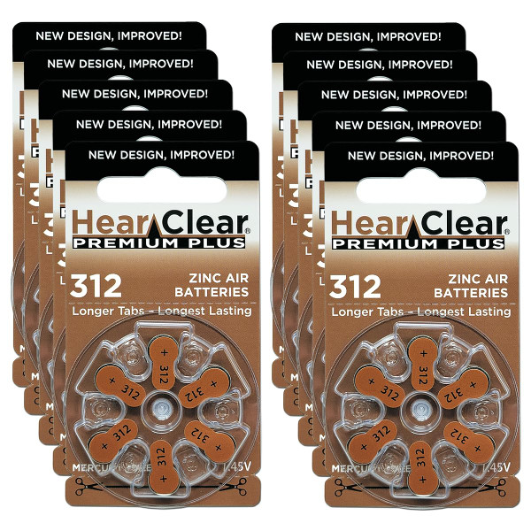 Hear Clear Size 312 PR41 1.45V Zinc Air Hearing Aid Batteries Brown Tab (60 Pack) [Child-Resistant Packaging]