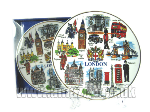 Fine Porcelain Plate - London Everything with City of London Crest/ Coat of Arms (15 cm with Stand), London Collectable Souvenir