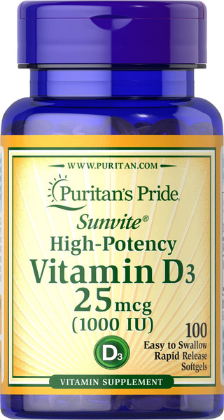 Puritan's Pride Vitamin D3 1000 IU Softgels, 100 Count