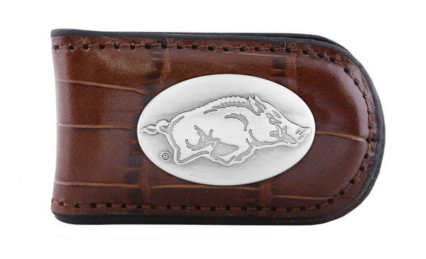 NCAA Arkansas Razorbacks Zep-Pro Crocodile Leather Magnet Concho Money Clip, Tan