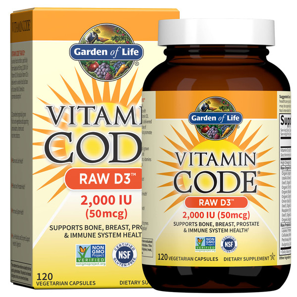Garden of Life Vitamin D, Vitamin Code Raw D3, Vitamin D 2,000 IU, Raw Whole Food D3 Supplements with Chlorella, Fruit, Veggies & Probiotics for Bone & Immune Health, 120 Vegetarian Capsules