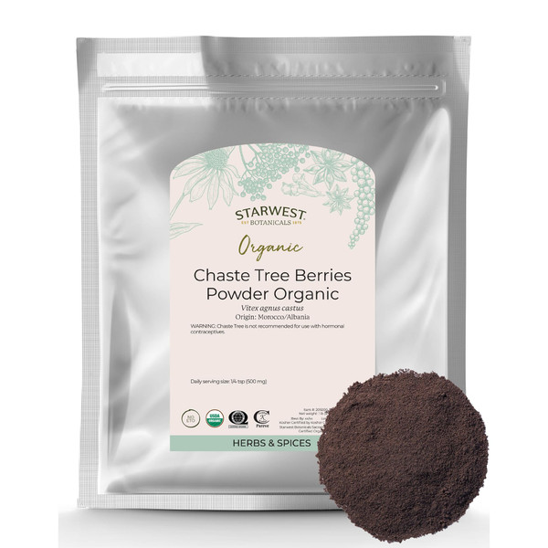 Starwest Botanicals Chaste Tree Berries Powder Organic - Dried Herb for Chasteberry Tea, Vitex Agnus Castus, Natural Wellness Support for Women & Men, Certified Kosher, Non-GMO - Bulk 1 lb Bag