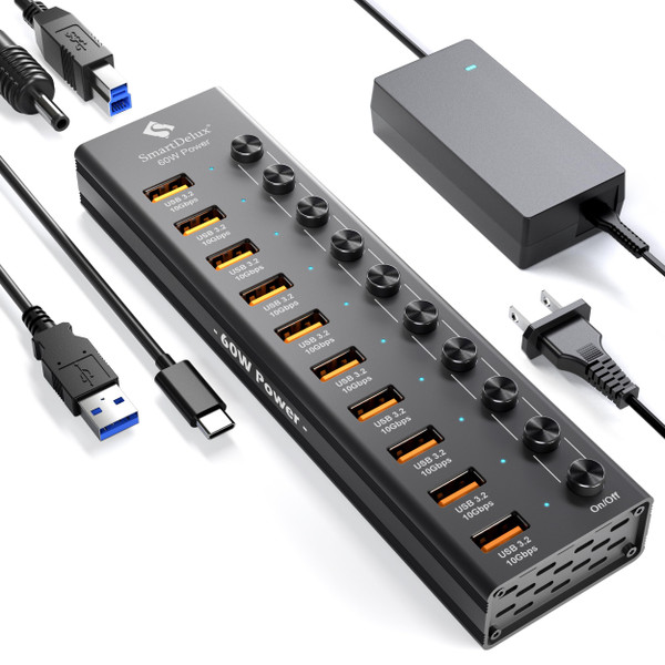 Powered USB 3.2 to Type-A, Type-C Hub, SmartDelux 10Gbps 10 Port Adapter, Individual LED Switches end High-Speed Data Transfer, Power Adapter 60W, USB Extension for Laptop, Flash Drive, PC and More Powered USB 3.2 to Type-A, Type-C Hub, SmartDelux 10Gbps 10 Port Adapter, Individual LED Switches end High-Speed Data Transfer, Power Adapter 60W, USB Extension for Laptop, Flash Drive, PC and More