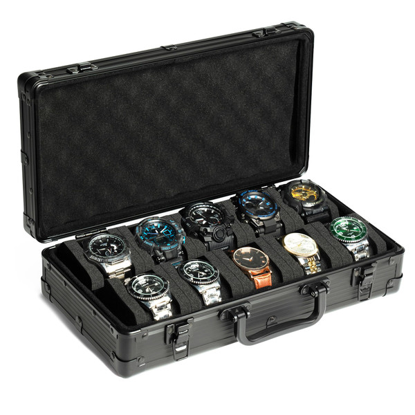 AUKURA 10 slots aluminum watch case, deluxe watch storage box display organizer fit for large watch up to 55mm (black 10 slots)