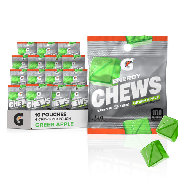 Gatorade Energy Chews, Green Apple, Caffeine Free, B12, 1.06 oz - 100 Calorie Pouches, (16 Pack)