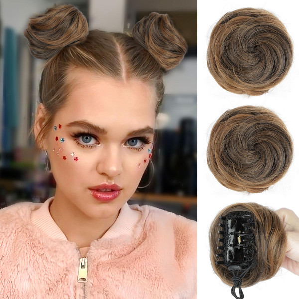 BOGSEA Space Buns Hair Pieces 2PCS Mini Claw Clip in Hair Bun Princess Leia Buns Hair Extension Updo Hairpieces for Women Girls (Brown mix Dark Blonde)