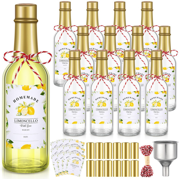 Reallnaive 12 Sets Limoncello Glass Bottles Sets 8 oz Clear Glass Bottles for Limoncello Homemade with Tags and Twine and Funnel for Home Brewing Wedding Baby Shower Party Favors