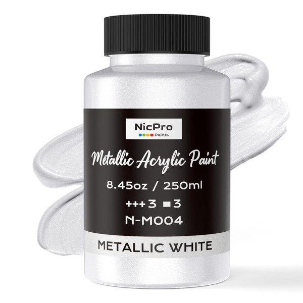 Nicpro Metallic Pearl White Acrylic Paint, 8.45oz/250ml Large Pearlescent Acrylic Paint, Non Toxic, Non Fading Craft Paints for Metal, Wood, Clay, Fabric, Canvas, Ceramic, Furniture, Handcrafts, Art Supplies