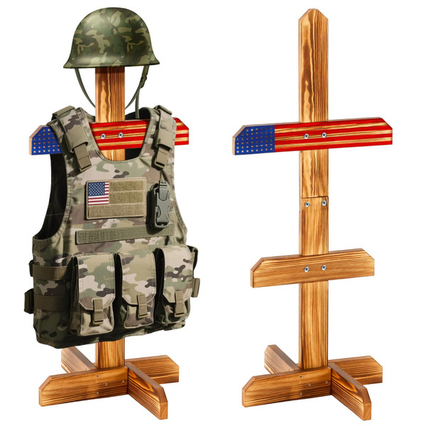 Cinnvoice Tactical Armor Stand, Wooden Military Gear Hanger, Police Helmet Vest Hanger, Tactical Gear Stand, Compact and Sturdy Display