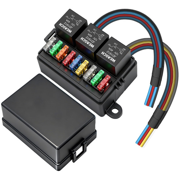 Weasch 12V 9 Way Pre-Wired Fuse Relay Box, 3 Relays and 9 ATC/ATO Blade Fuses, 4-Pin 40A Relay Block and Kit, for Cars Truck Marine Boat Jeep