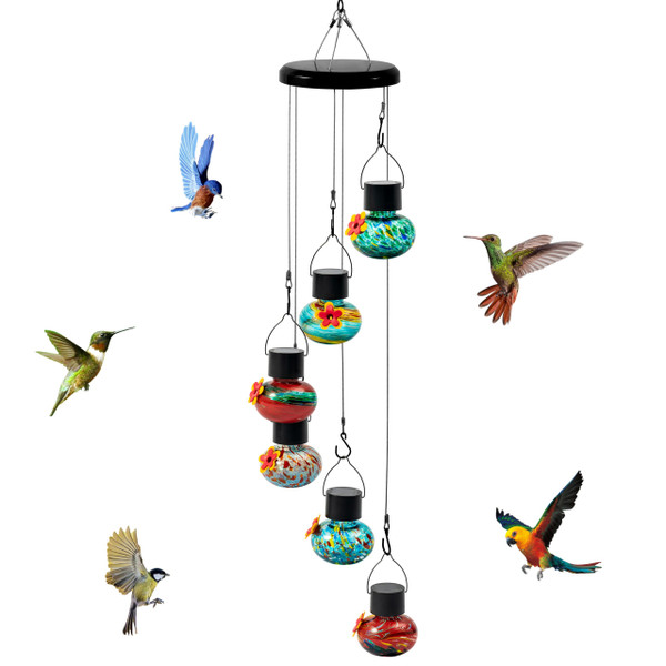 HlaitsWit Solar Power Hummingbird Feeders - Colorful Hand Blown Glass Window Wild Humming Bird Feeders Outdoor Hanging Flower 6 Bee Guard Leak Proof Feeding Ports Garden Yard Backyard Decor Easy Clean