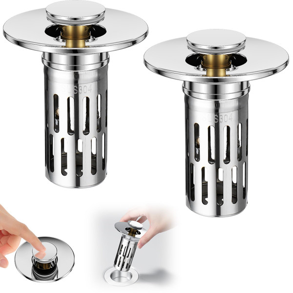 Vodolo 3 in 1 Sink Drain Strainer with Hair Catcher,8PCS Stainless Steel Popup Sink Stopper with Basket for Bathroom Kitchen Shower,Pop-up Bounce Core Floor Basin Drain Filter,Replacement Sink Plug