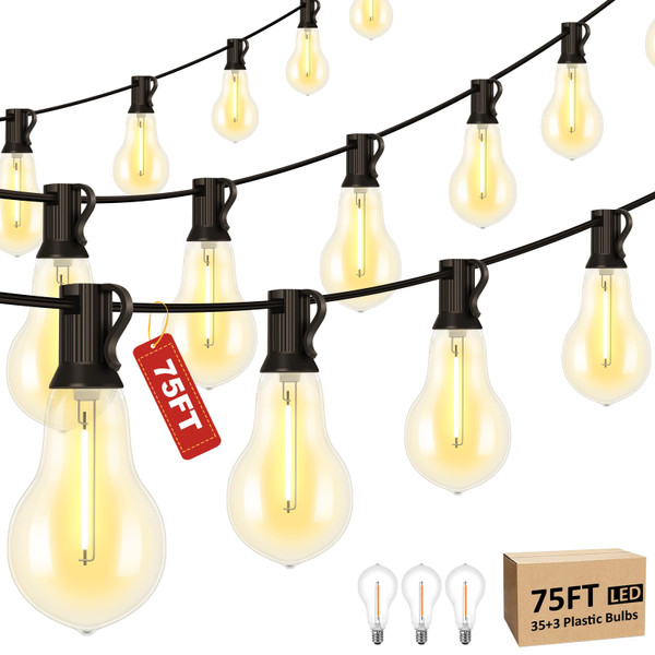 Porbench 75FT Outdoor String Lights with 35+3 Waterproof Bulbs, 2FT Bulbs Apart, Dimmable & Connectbale, Commercial Grade Patio String Lights for Outside Porch Backyard Garden Deck Decor Porbench 75FT Outdoor String Lights with 35+3 Waterproof Bulbs, 2FT Bulbs Apart, Dimmable & Connectbale, Commercial Grade Patio String Lights for Outside Porch Backyard Garden Deck Decor