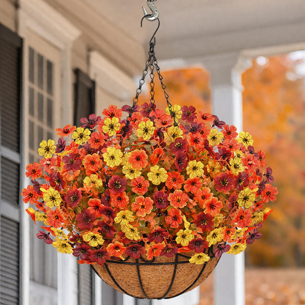 Artificial Fall Hanging Baskets for Outdoors, Fake Hanging Plants Realistic UV Resistant Fall Flowers for Fall Decor Porch Patio Garden Decor (Orange Brown Yellow)