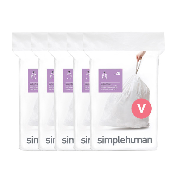 simplehuman Code V 100 Count, Dispenser Pack Custom Fit Liners, Drawstring Trash Bags, 16-18 Liter / 4.2-4.8 Gallon, White